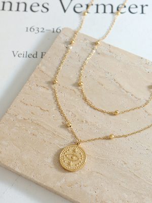 Marka French Retro Pendant Necklace Clip Beads Necklace Hot Girl Accessories 18K Gold Single Eye Double Layer Twin