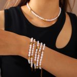 French Seaside Beach Shell Gold Bean Natural Freshwater Pearl Bracelet Necklace Stainless Steel 18K Gold Plating Set