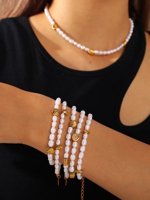 French Seaside Beach Shell Gold Bean Natural Freshwater Pearl Bracelet Necklace Stainless Steel 18K Gold Plating Set