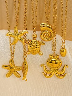 Personalized Ocean Series Necklace for Women, Stainless Steel with 18K Gold Plating, Turtle and Starfish Pendant