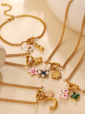 Retro Fresh Flower Moon DIY Pendant Knotted Bracelet Necklace Stainless Steel 18K Gold Plating Set