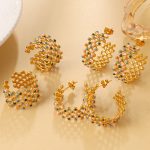 Retro Color Hollow Opening Ring Stainless Steel Plaid C- Shaped Earrings Light Luxury Ornament Suit