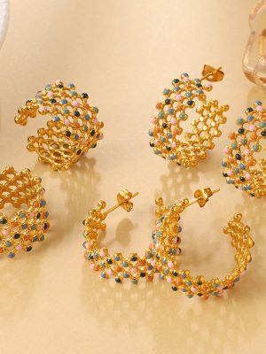 Retro Color Hollow Opening Ring Stainless Steel Plaid C- Shaped Earrings Light Luxury Ornament Suit