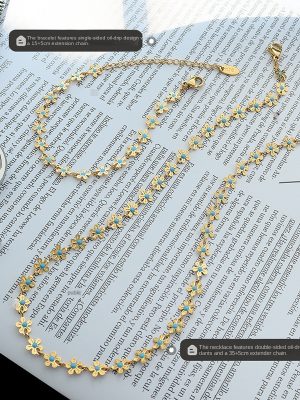 Fresh 18K Gold Plating Blue with Flowers Drop Oil Necklace Bracelet Necklace Set P075-E012