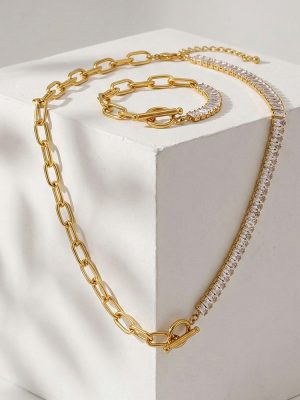 New OT Buckle Design Stitching Zircon Stainless Steel Bracelet Necklace Jewelry 18K Gold Plating Non-Fading