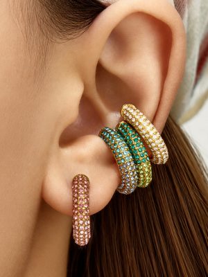 Simple C- Type Inlaid Color Zircon Flash Non-Piercing Earrings Stainless Steel Gold-Plated Female Accessories Ear Clip