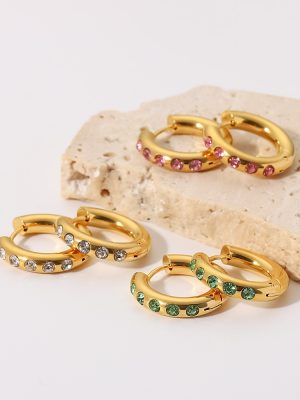 Popular Earrings 18K Gold-Plated Stainless Steel Red/Pink/Green/White Zircon Inlaid Circle