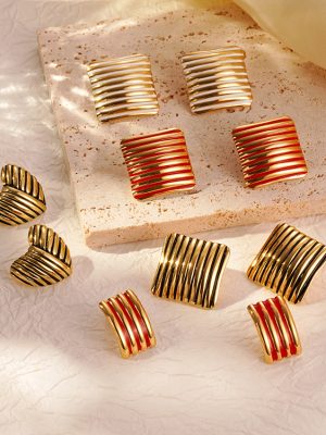 Same Style Love Square Striped Stainless Steel Earrings 18K Gold Ins Earrings
