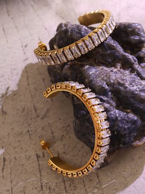 French Style Cold Light Luxury Exaggerated C- Shaped Zircon Earrings Stainless Steel Plated 18K Real Gold Vintage Ear Jewelry