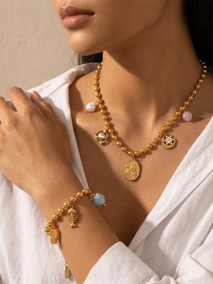 Holiday Marine Elements Fishbone Pearl DIY Pendant Gold Ball Bracelet Necklace Stainless Steel Set