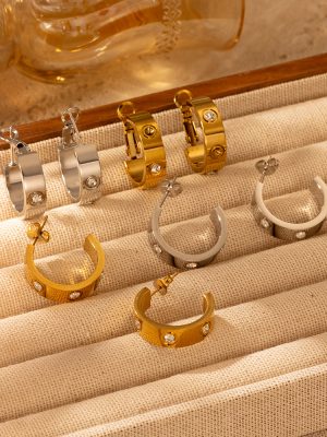 Round Rhinestone Stainless Steel Earrings Light Luxury Women's 18K Earrings Earrings