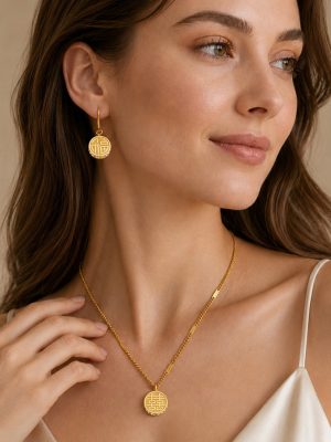 All-Match round Double-Sided Fu Character Zircon-Inlaid Pendant Necklace Stainless Steel 18K Gold Plating Female Necklace Earrings