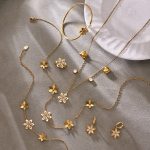 Stainless Steel Three-Dimensional Six-Leaf Flower Zircon Ring Bracelet Exquisite Gorgeous Necklace & Bracelet Suit
