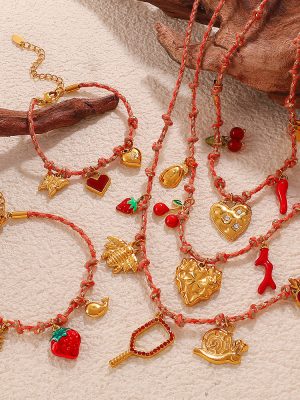 DIY Pendant Bracelet Stainless Steel 18K Gold Plating Non-Fading Strawberry Cherry Necklace Ornament Women