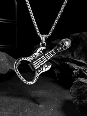 Ornament Vintage Stainless Steel Pendant Skull Big Guitar Necklace Personalized Creative Men's Tag