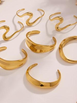Environmentally Friendly Stainless Steel Geometric Open Bracelet Combination Plated 18K Real Gold Texture Curve Design Bracelet