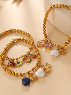 Retro Premium · DIY Love Heart Star and Moon Pendant Gold Ball Bracelet Stainless Steel Plated 18K Gold Jewelry