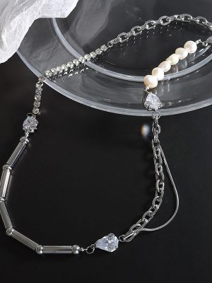 Exaggerated and Personalized Stainless Steel Necklace Copper Earrings Freshwater Pearl Inlaid Zircon Design Jewelry Ornament