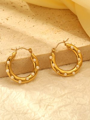Retro Round Inlaid Pearl Stainless Steel Earrings Women's 18K Gold Plated Light Luxury Earrings