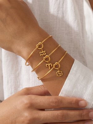 Simple Twelve Constellation Pendant Knotted C- Shaped Bracelet Stainless Steel 18K Gold Plating Open-End Bracelet