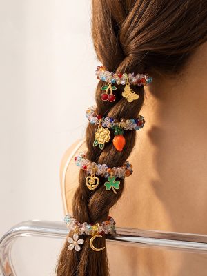 Light Luxury Colorful Crystal DIY Fruit Flower Pendant Hair Ring Summer Fresh Stackable Hair Accessories