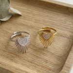5A Zircon Heart-Shaped Wing Thin Open-End Bangle Circle Little Finger Ring 18K Gold Plating Stainless Steel Ring