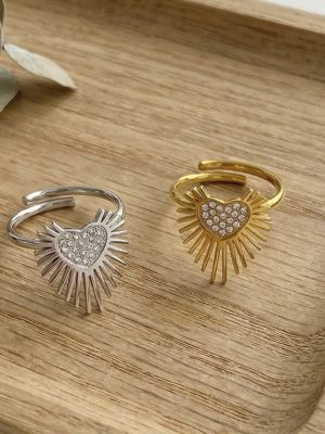 5A Zircon Heart-Shaped Wing Thin Open-End Bangle Circle Little Finger Ring 18K Gold Plating Stainless Steel Ring