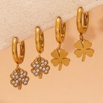 Exquisite 5A Zircon Lucky Four-Leaf Clover Pendant Batch Flower Ear Clip Earrings PVD Gold Plated Stainless Steel Ornament
