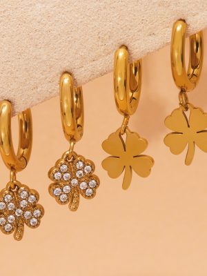Exquisite 5A Zircon Lucky Four-Leaf Clover Pendant Batch Flower Ear Clip Earrings PVD Gold Plated Stainless Steel Ornament