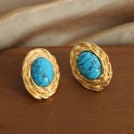 French Style New Retro High-Grade Light Luxury Natural Turquoise Ornament Stainless Steel Gold-Plated Oval Earrings for Women