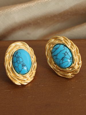 French Style New Retro High-Grade Light Luxury Natural Turquoise Ornament Stainless Steel Gold-Plated Oval Earrings for Women