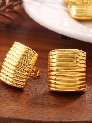 Simple All-Matching Striped Long Block Stud Earrings Stainless Steel 18K Gold Plating High Class Elegant Daily Ornament Women