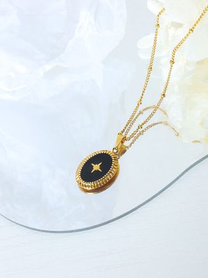 French Retro Non-Fading Geometric Ornament Dripping Oil Eight-Pointed Stars Oval Stainless Steel Pendant Necklace Jewelry