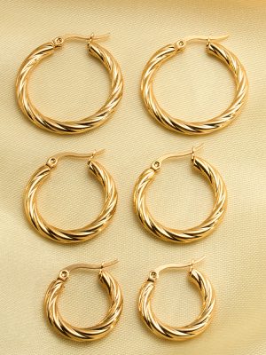Vintage Gold Women's round Twill Stainless Steel Earrings Simple Personality Ear Ring Set