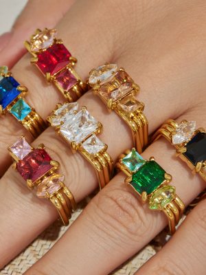 Popular Square Zircon Stainless Steel Plated 18K Gold Light Luxury Ornament Female Ring Combination