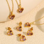Mixed Color Inlaid Zircon Necklace Simple Peach Heart Earrings Stainless Steel Plated 18K Light Luxury Advanced Suit