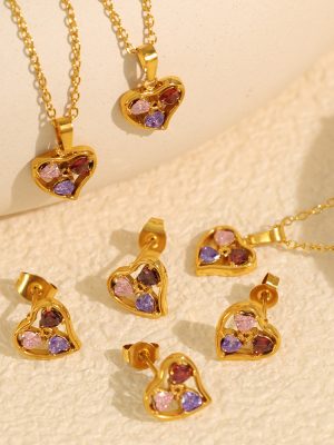 Mixed Color Inlaid Zircon Necklace Simple Peach Heart Earrings Stainless Steel Plated 18K Light Luxury Advanced Suit