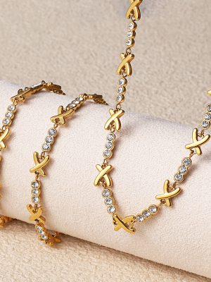 Necklace, Bracelet Set Light Luxury X-Type Rhinestone-Encrusted Stainless Steel 18K Gold Plating Female