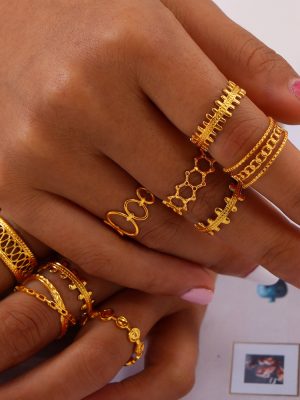 Commute Minimalist Casual Cool Hollow Ornament Line Stitching Design Stainless Steel Gold-Plated Open Ring
