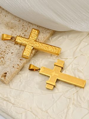 Men's Stainless Steel Cross Shelf Hammer Pattern Crater Pendant Non-Fading Irregular Pattern Necklace