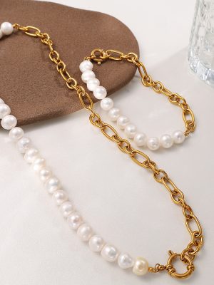 French Freshwater Pearl Stainless Steel Bracelet Simple Beaded Personality Stitching All-Match Necklace