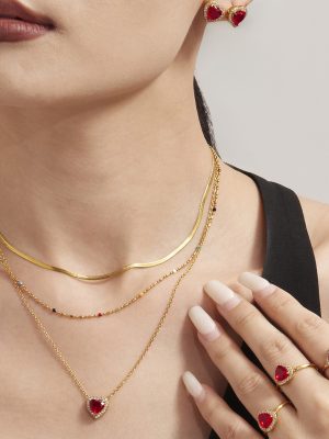 Super Shiny Starry Jacinth Love Necklace Earring Ring Stainless Steel 18K Gold Plating Temperament Jewelry