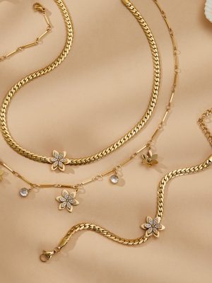 Stainless Steel Three-Dimensional Flower Micro Inlaid Zircon Bracelet Twin Necklace Plated 18K Real Gold Gorgeous Light Luxury Jewelry