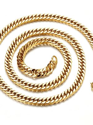 Design Hip Hop Necklace Encryption Double Buckle Thick Four-Side Grinding Chain Stainless Steel 18K Gold Plating Cuban Link Chain Light Luxury