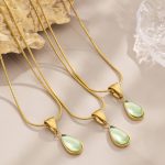 French Entry Lux Clear Green Blue Glass Stone Water Drop Pendant Necklace Women's Simple Stainless Steel Clavicle Chain