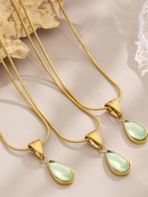 French Entry Lux Clear Green Blue Glass Stone Water Drop Pendant Necklace Women's Simple Stainless Steel Clavicle Chain