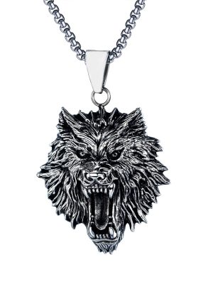 Wolf Head Skull Pearl Chain Necklace Stainless Steel Retro Pendant Ornaments