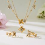 Super Expensive Three-Dimensional Flower Inlaid Zircon Twin Necklace Shell Pearls Open Ring PVD Gold-Plated Jewelry Set