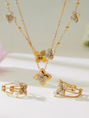 Super Expensive Three-Dimensional Flower Inlaid Zircon Twin Necklace Shell Pearls Open Ring PVD Gold-Plated Jewelry Set