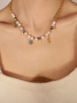 New Court Mild Luxury Retro Stainless Steel Gold-Plated Freshwater Pearl Natural Stone Handmade Beaded Necklace Ornament